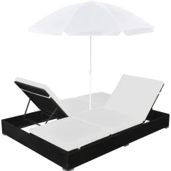 vidaXL Loungebed met parasol poly rattan zwart
