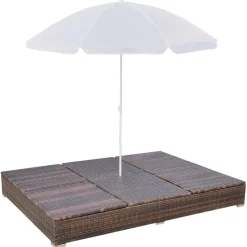 vidaXL Loungebed met parasol poly rattan bruin