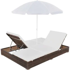 vidaXL Loungebed met parasol poly rattan bruin