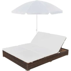 vidaXL Loungebed met parasol poly rattan bruin