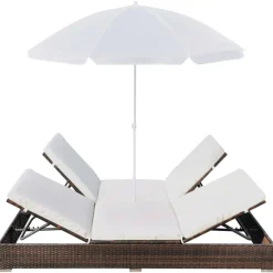 vidaXL Loungebed met parasol poly rattan bruin