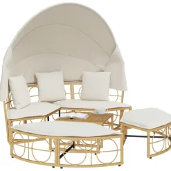 vidaXL Loungebed voor buiten met luifel en kussens poly rattan