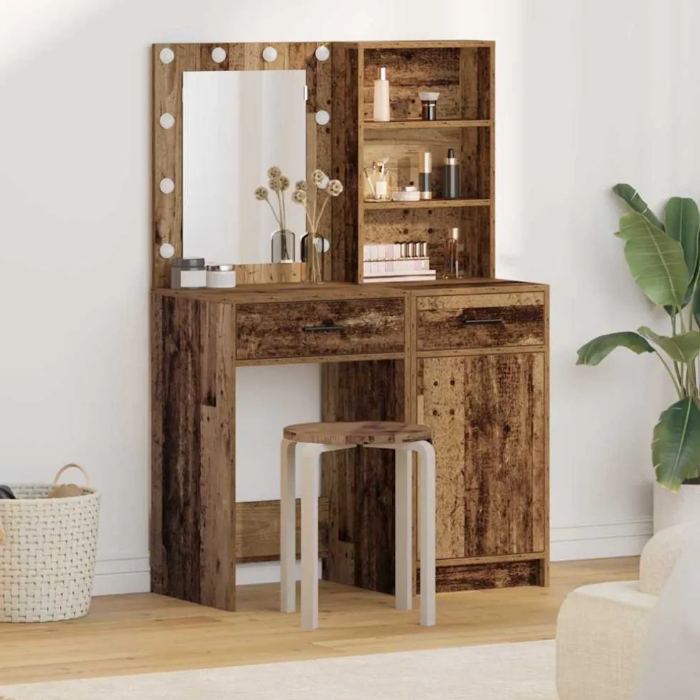 vidaXL Make-up tafel set met LED 2 st Oudhout Bewerkt hout