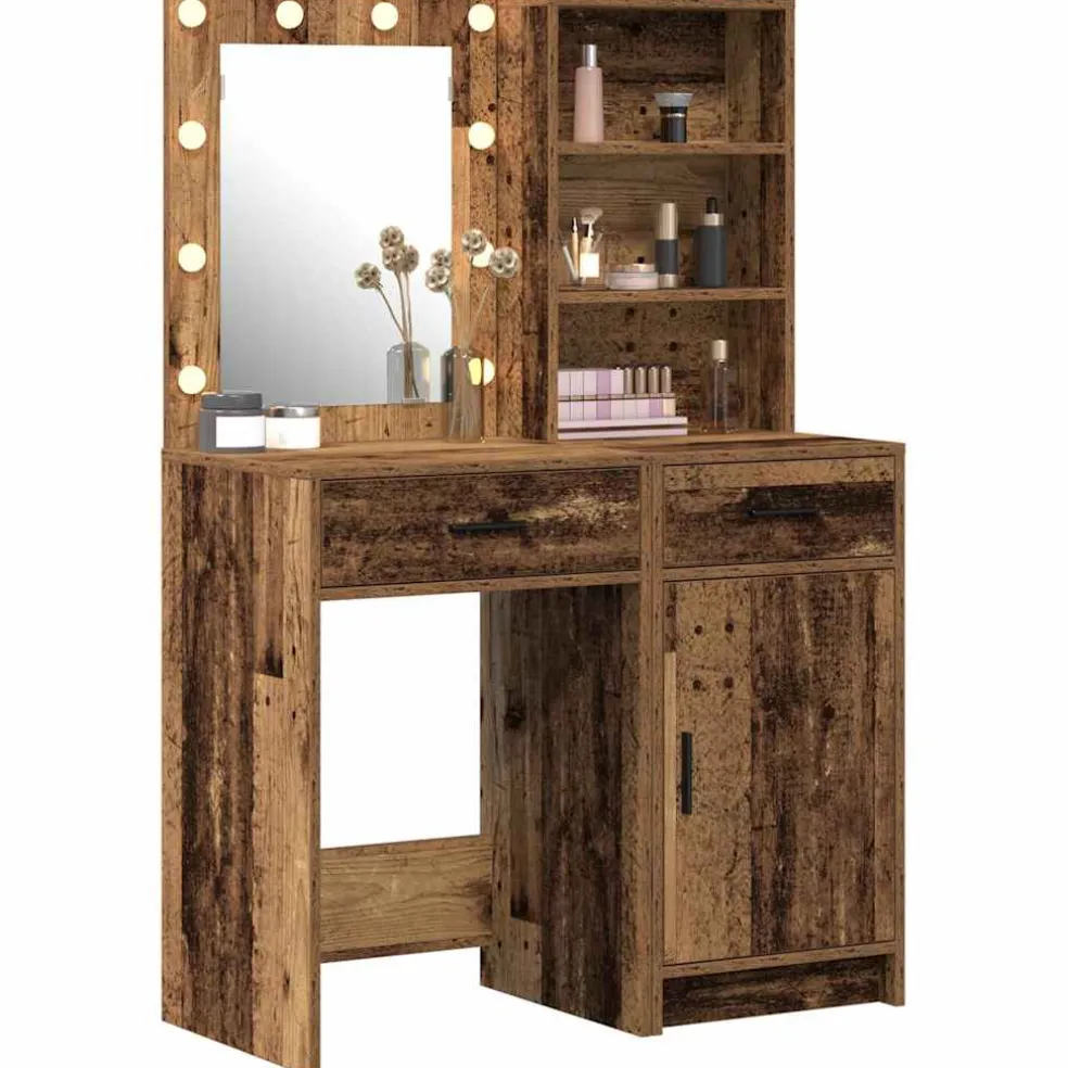 vidaXL Make-up tafel set met LED 2 st Oudhout Bewerkt hout
