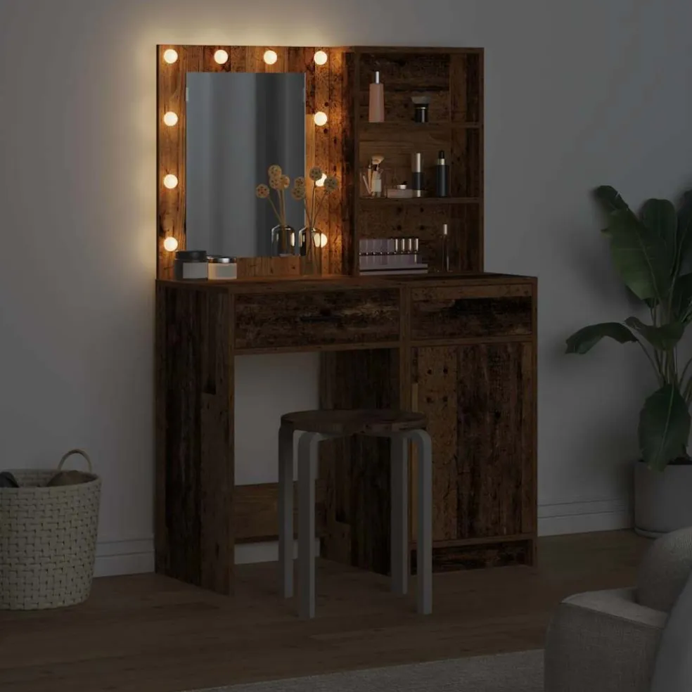 vidaXL Make-up tafel set met LED 2 st Oudhout Bewerkt hout