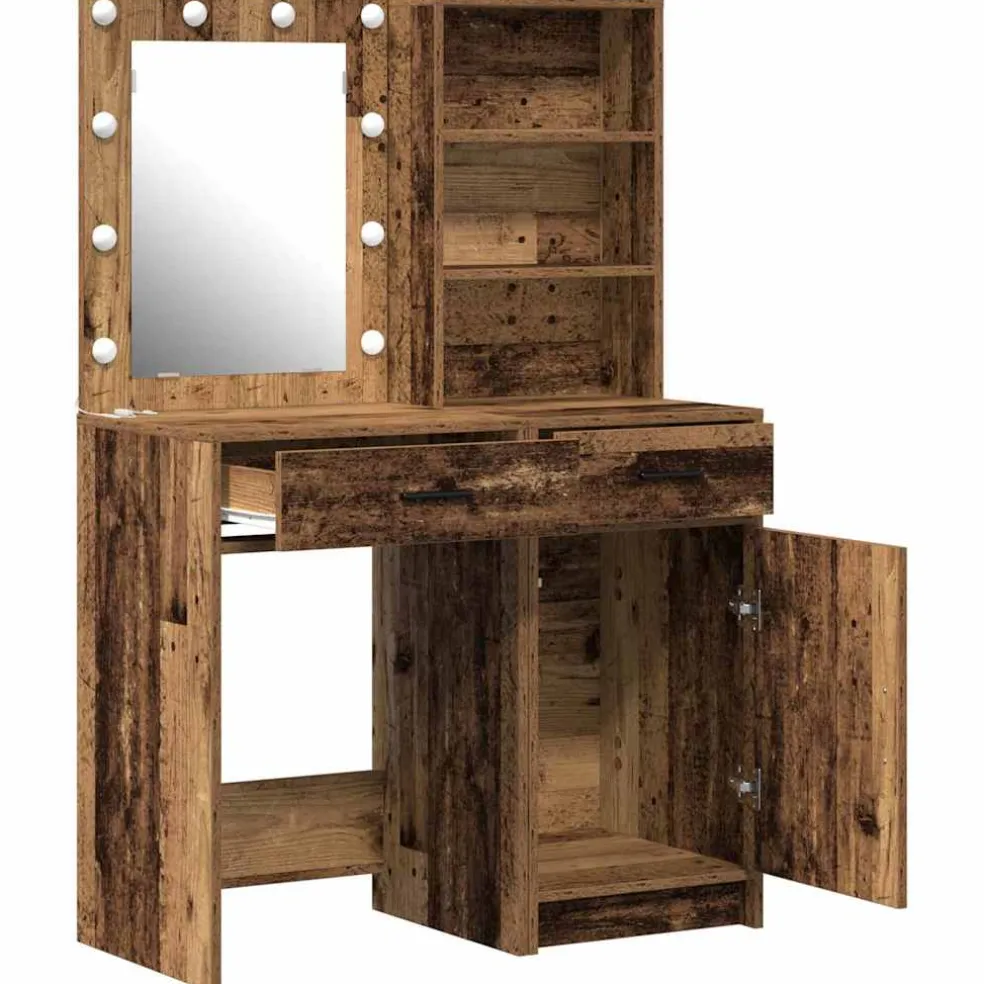 vidaXL Make-up tafel set met LED 2 st Oudhout Bewerkt hout