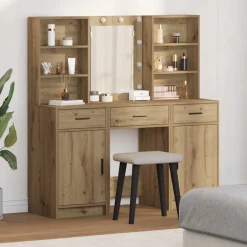 vidaXL Make-up tafel set met LED 3 st Artisan Eiken Bewerkt hout