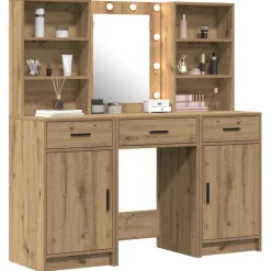 vidaXL Make-up tafel set met LED 3 st Artisan Eiken Bewerkt hout
