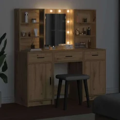 vidaXL Make-up tafel set met LED 3 st Artisan Eiken Bewerkt hout