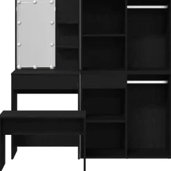 vidaXL Make-up tafel set met LED 4 st Zwart Eiken Bewerkt hout