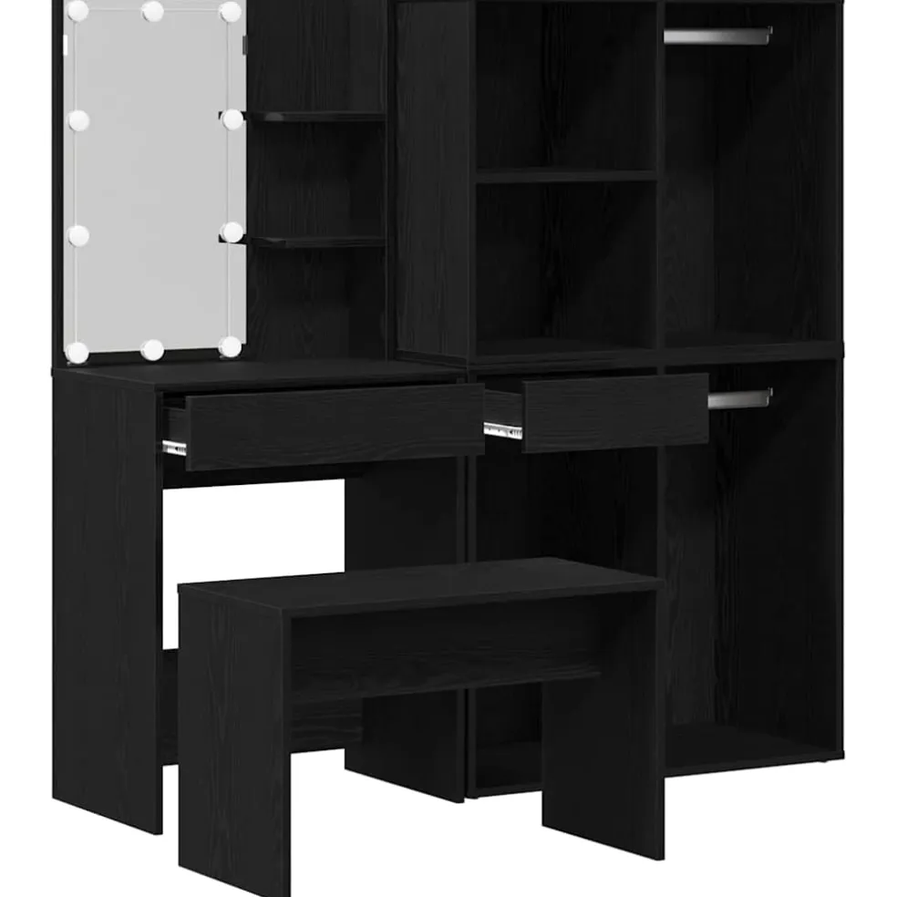 vidaXL Make-up tafel set met LED 4 st Zwart Eiken Bewerkt hout