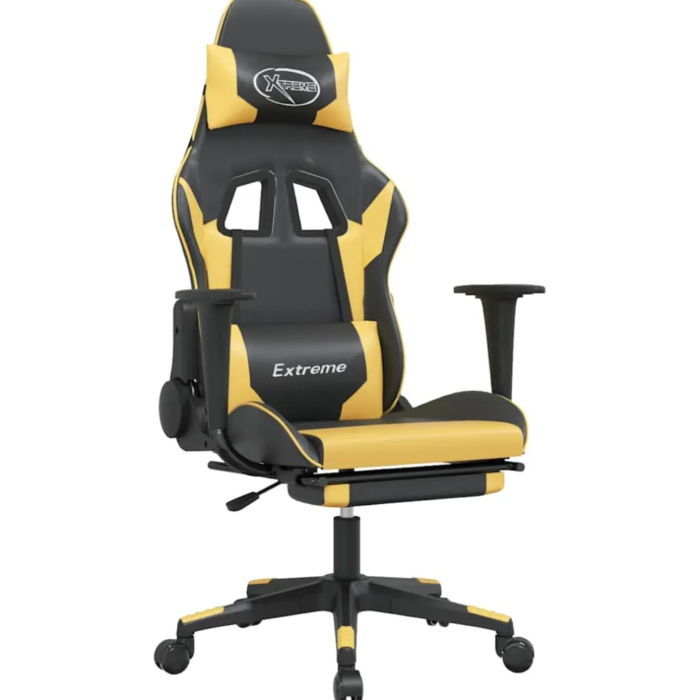 vidaXL Massage gamestoel met voetensteun kunstleer zwart/goudkleurig