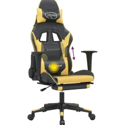 vidaXL Massage gamestoel met voetensteun kunstleer zwart/goudkleurig