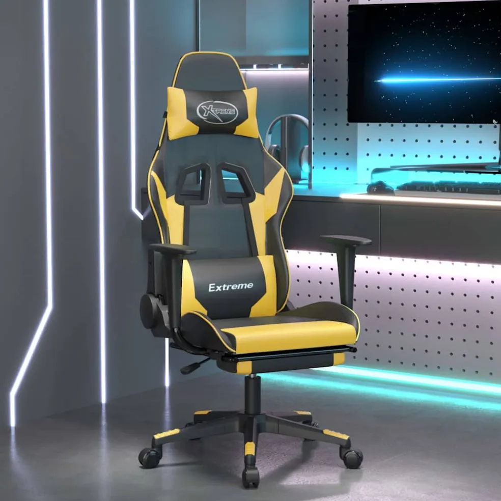 vidaXL Massage gamestoel met voetensteun kunstleer zwart/goudkleurig