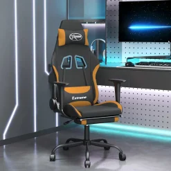 vidaXL Massage gamestoel met voetensteun stof zwart en oranje
