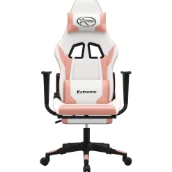 vidaXL Massage gamestoel met voetensteun kunstleer wit en roze