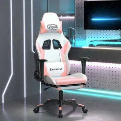 vidaXL Massage gamestoel met voetensteun kunstleer wit en roze