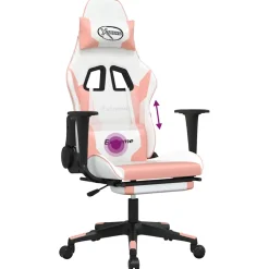 vidaXL Massage gamestoel met voetensteun kunstleer wit en roze