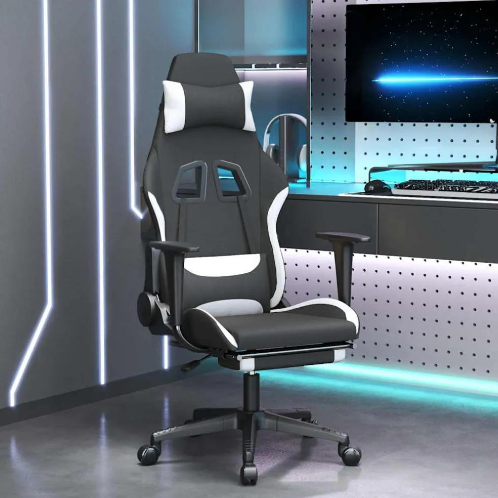 vidaXL Massage gamestoel met voetensteun stof zwart en wit