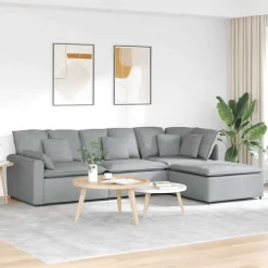 vidaXL Modulaire bank met voetenbank en kussens stof lichtgrijs