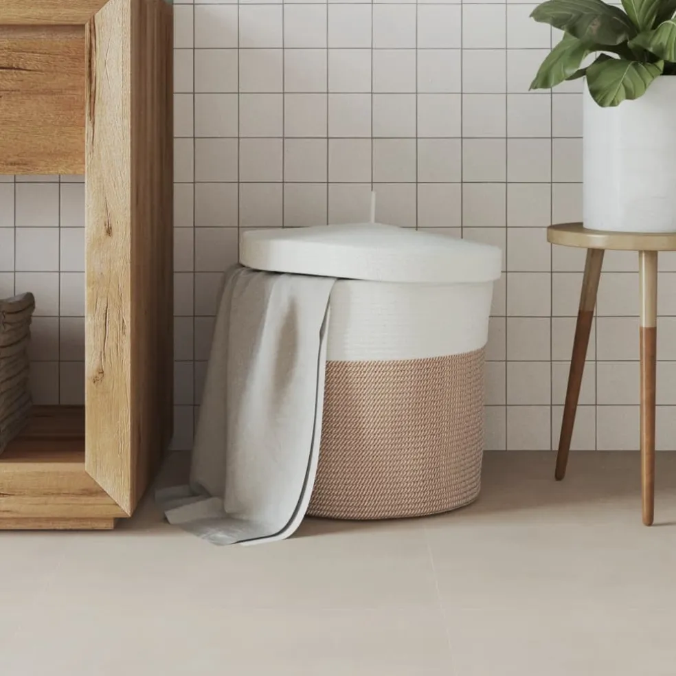 vidaXL Opbergmand met deksel Ø 40x35 cm katoen bruin en wit