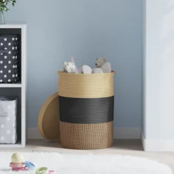 vidaXL Opbergmand met deksel Ø 37x50 cm katoen zwart en beige