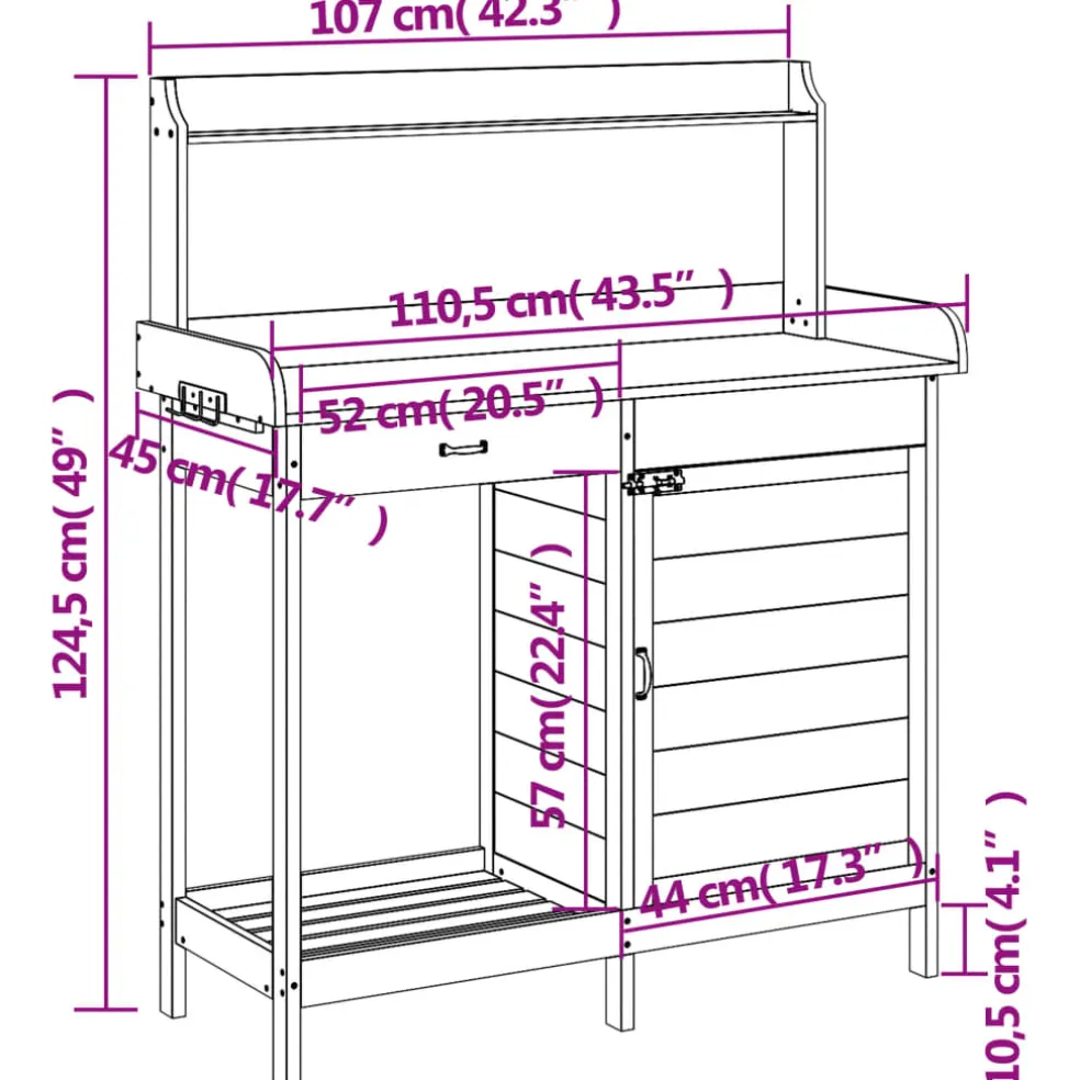 vidaXL Oppottafel met kast 110,5x45x124,5 cm massief vurenhout bruin