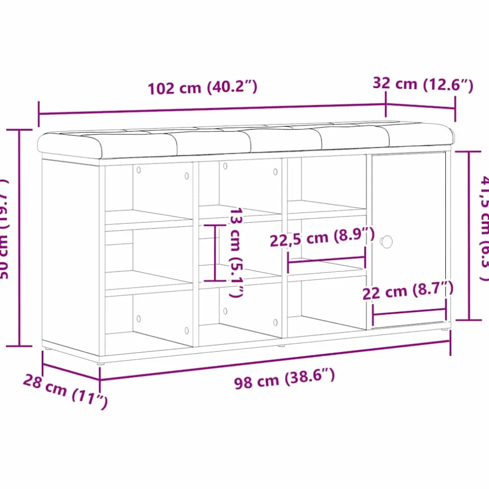 vidaXL Opslagbank Zwart Eiken 102 x 32 x 50 cm Bewerkt hout