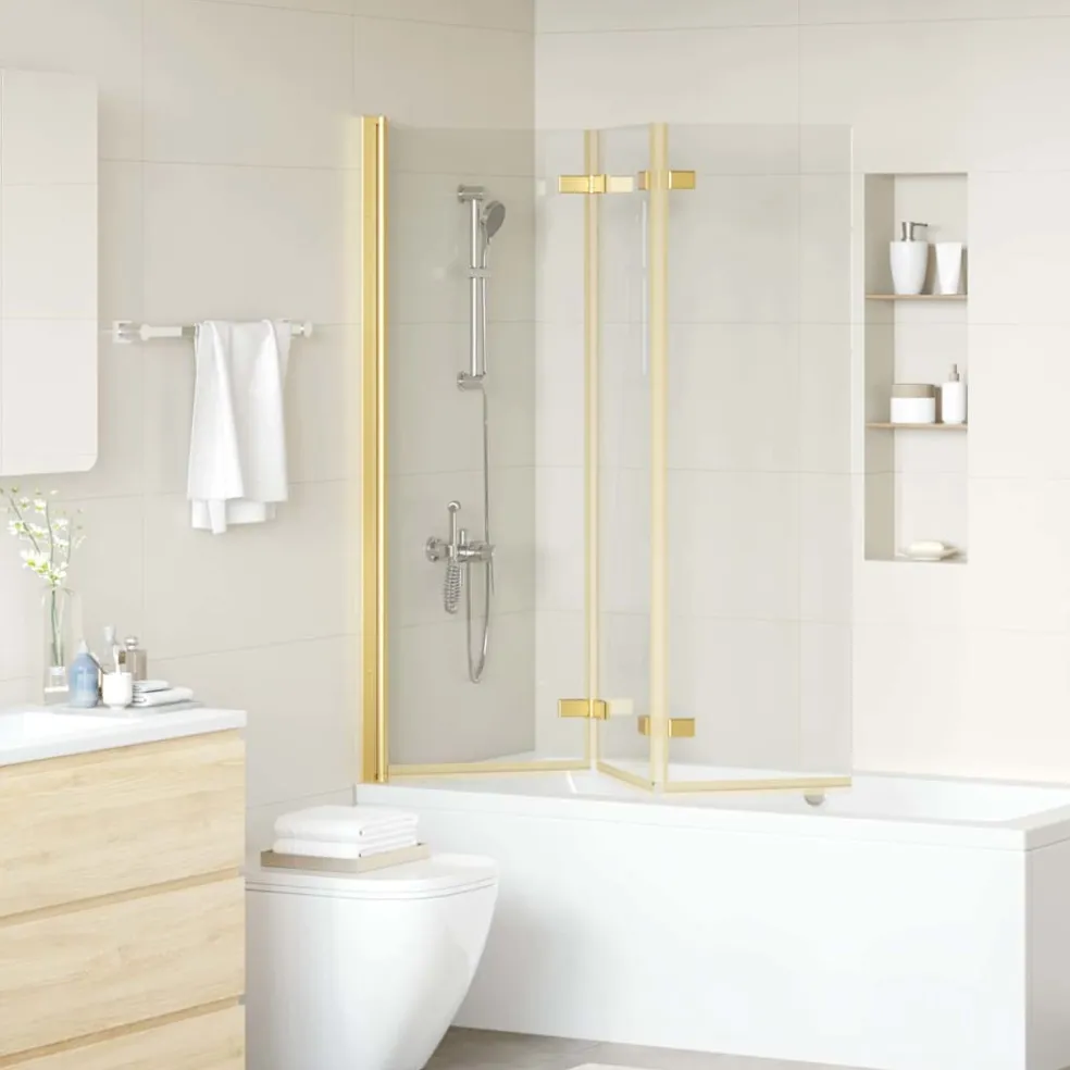 vidaXL Opvouwbare Douchewand Goud 130 x 138 cm ESG-glas en aluminium