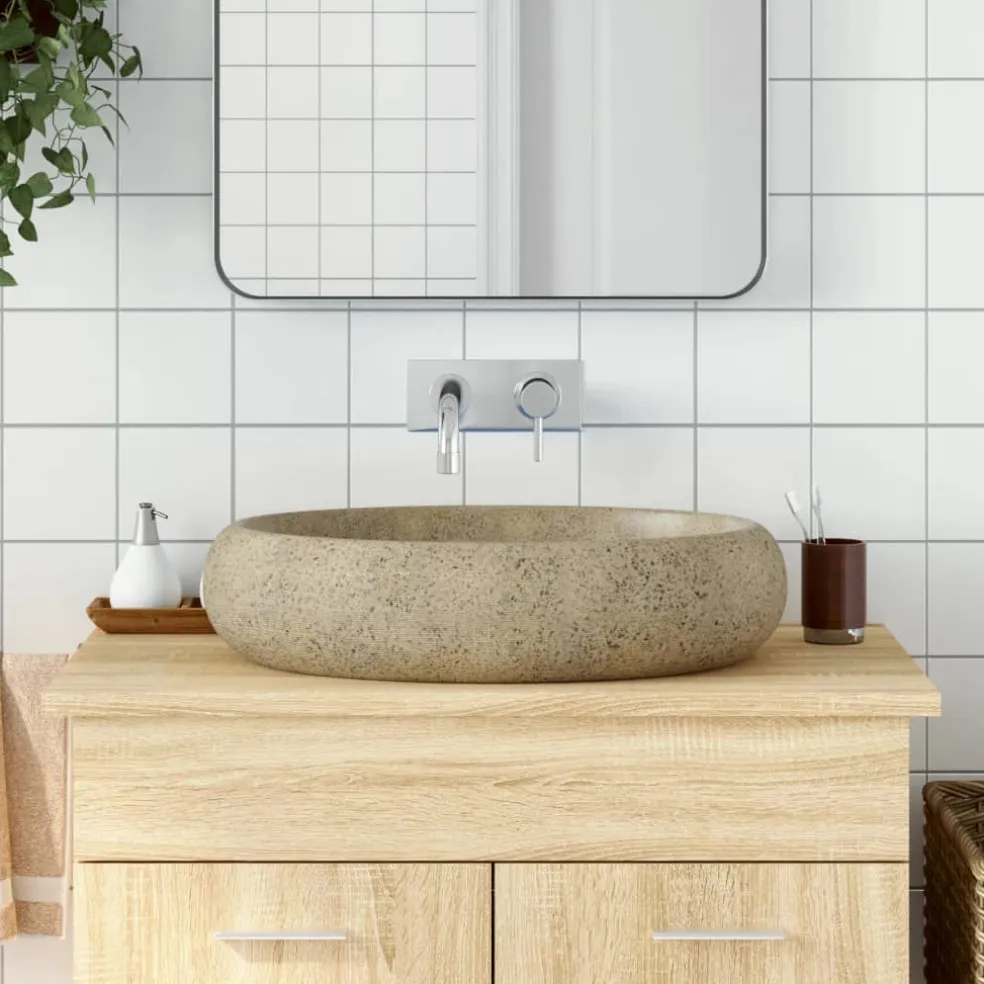 vidaXL Opzetwasbak ovaal 59x40x15 cm keramiek zandkleurig