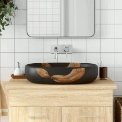 vidaXL Opzetwasbak ovaal 59x40x14 cm keramiek zwart