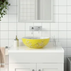 vidaXL Opzetwasbak rond Φ41x14 cm keramiek wit en geel