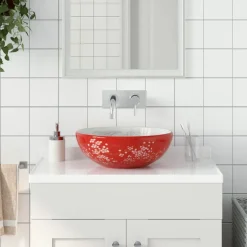 vidaXL Opzetwasbak rond Φ41x14 cm keramiek wit en rood