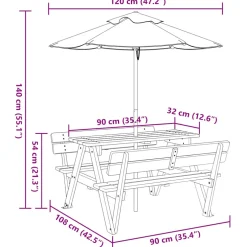 vidaXL Picknicktafel voor 4 kinderen met parasol massief vurenhout