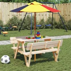 vidaXL Picknicktafel voor 4 kinderen met parasol massief vurenhout