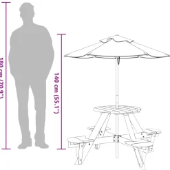 vidaXL Picknicktafel voor 4 kinderen met parasol rond vurenhout