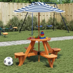 vidaXL Picknicktafel voor 4 kinderen met parasol rond vurenhout