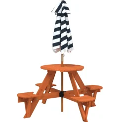 vidaXL Picknicktafel voor 4 kinderen met parasol rond vurenhout