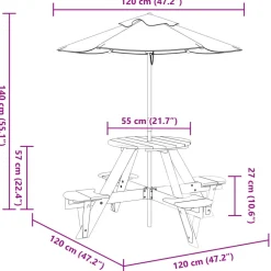 vidaXL Picknicktafel voor 4 kinderen met parasol rond vurenhout