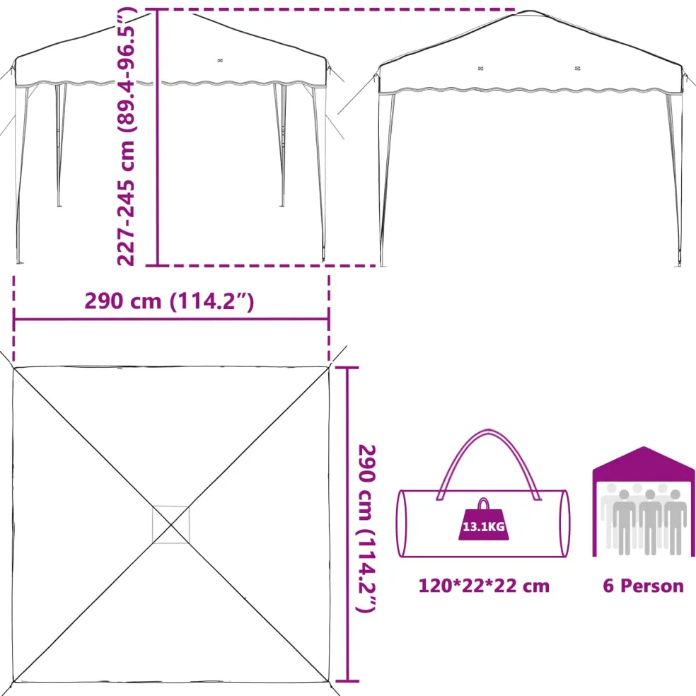 vidaXL Pop-up partytent 288 x 288 x 245 cm Bordeauxrood Oxford Stof