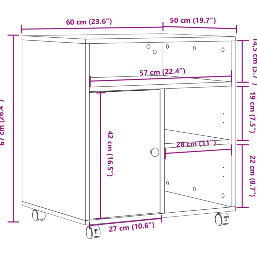 vidaXL Printerkastje met wielen 60x50x67 cm wit