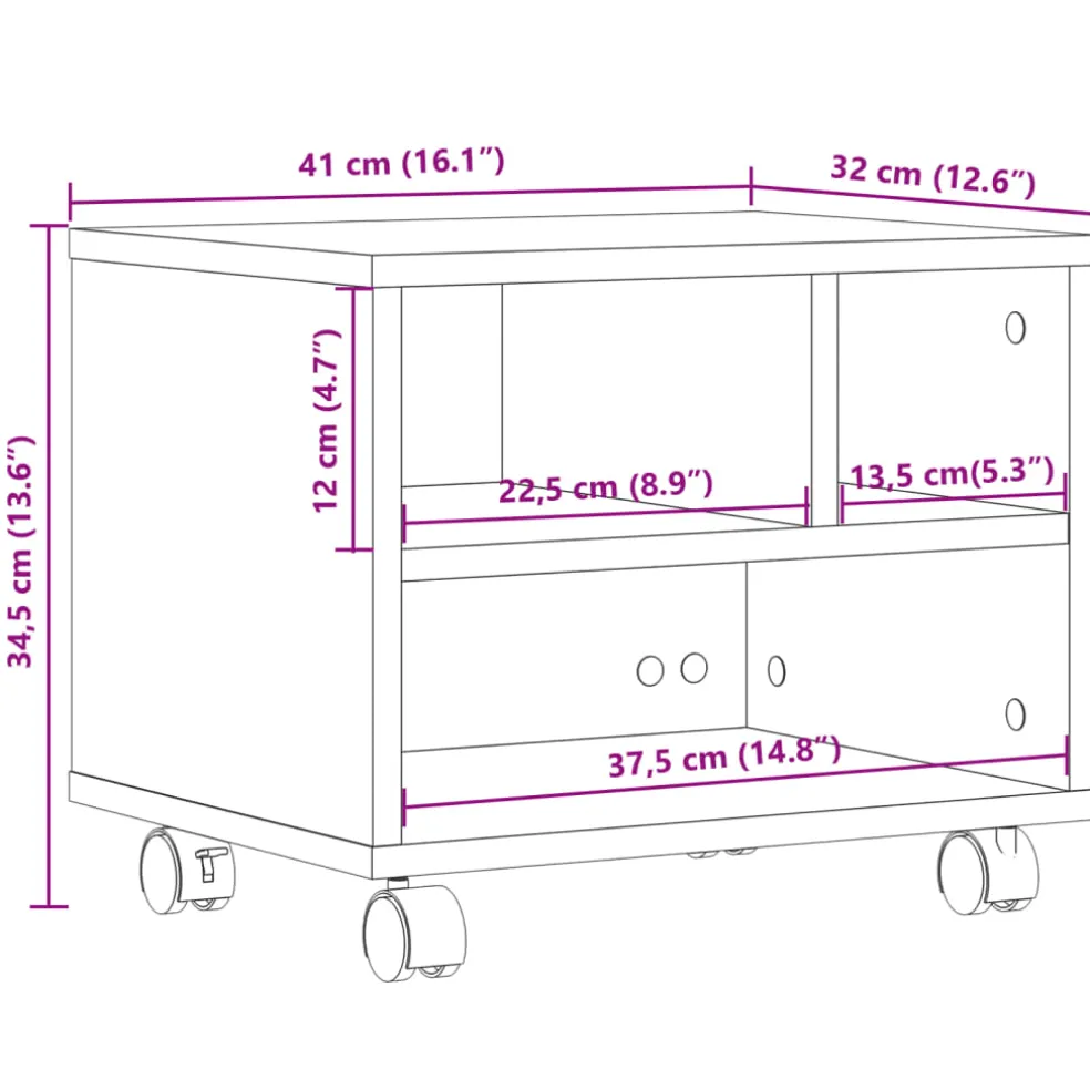 vidaXL Printerkastje met wielen 41x32x48 cm wit