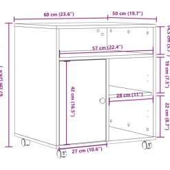 vidaXL Printerkastje met wielen 60x50x67 cm betongrijs