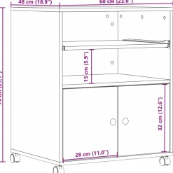 vidaXL Printerkastje met wielen 60x48x74 cm grijs sonoma eikenkleur