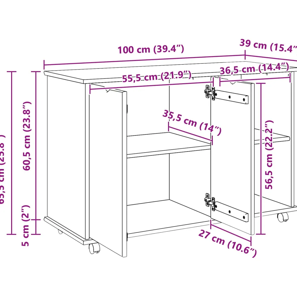 vidaXL Rolling Kast Honingbruin 100 x 39 x 65,5 cm Massief Vurenhout