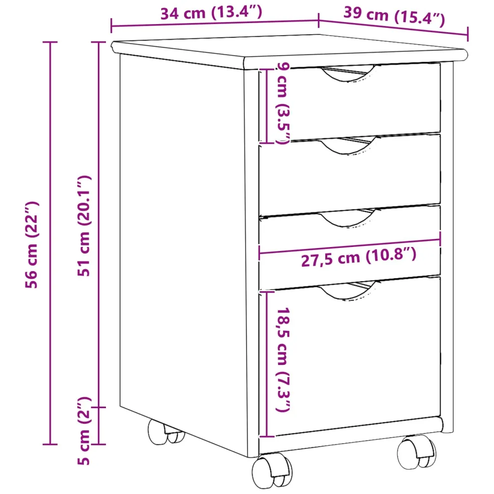 vidaXL Rolling Kast met wiel Grijs 34 x 39 x 56 cm Massief grenenhout