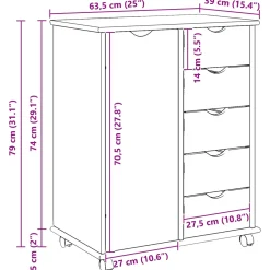 vidaXL Rolling Kast 63,5 x 39 x 79 cm Massief Vurenhout Grijs