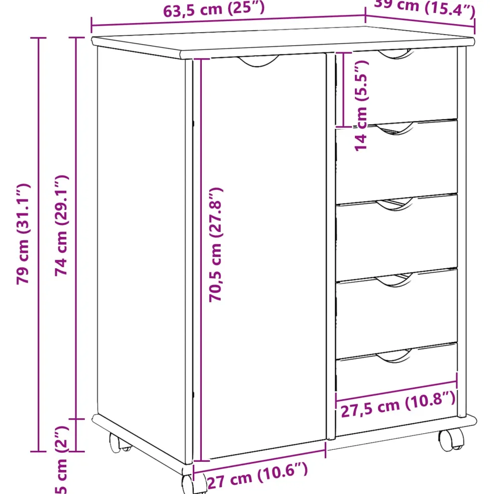 vidaXL Rolling Kast 63,5 x 39 x 79 cm Massief Vurenhout Grijs