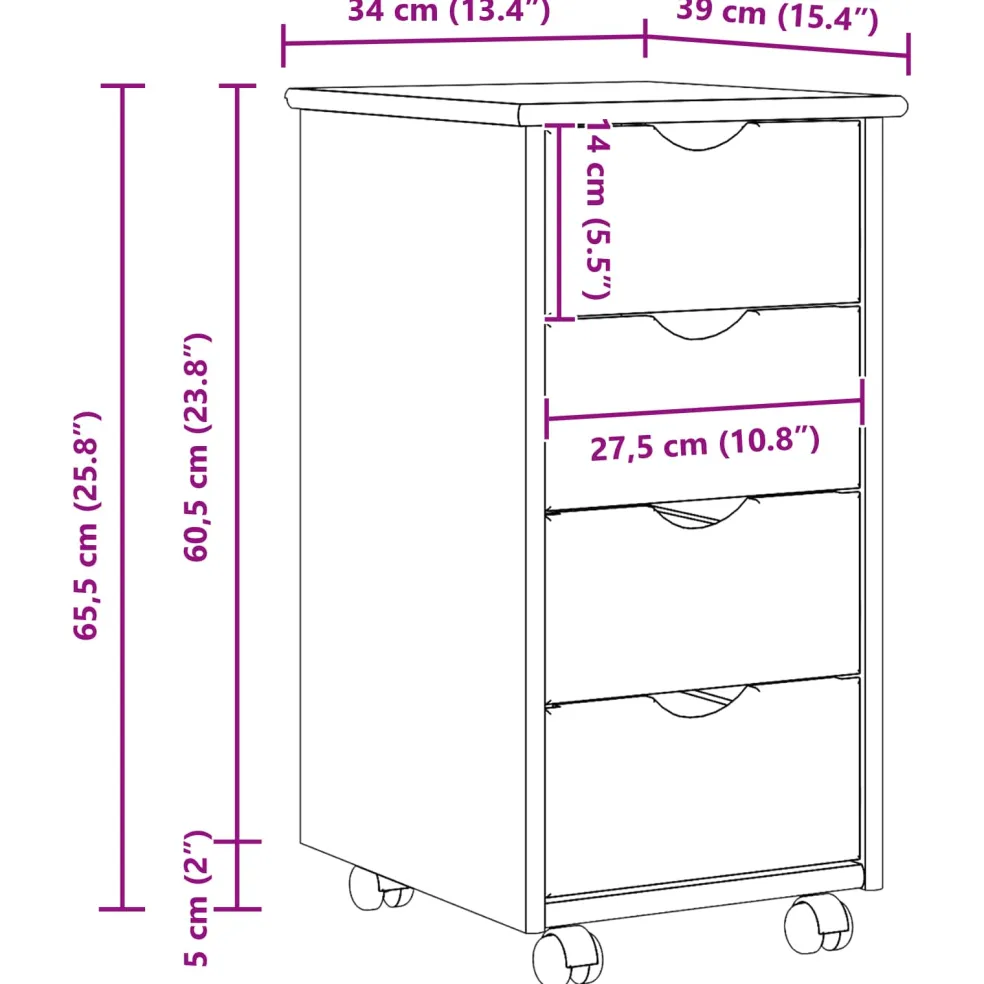 vidaXL Rolling Kast 34 x 39 x 65,5 cm Massief Vurenhout Wit