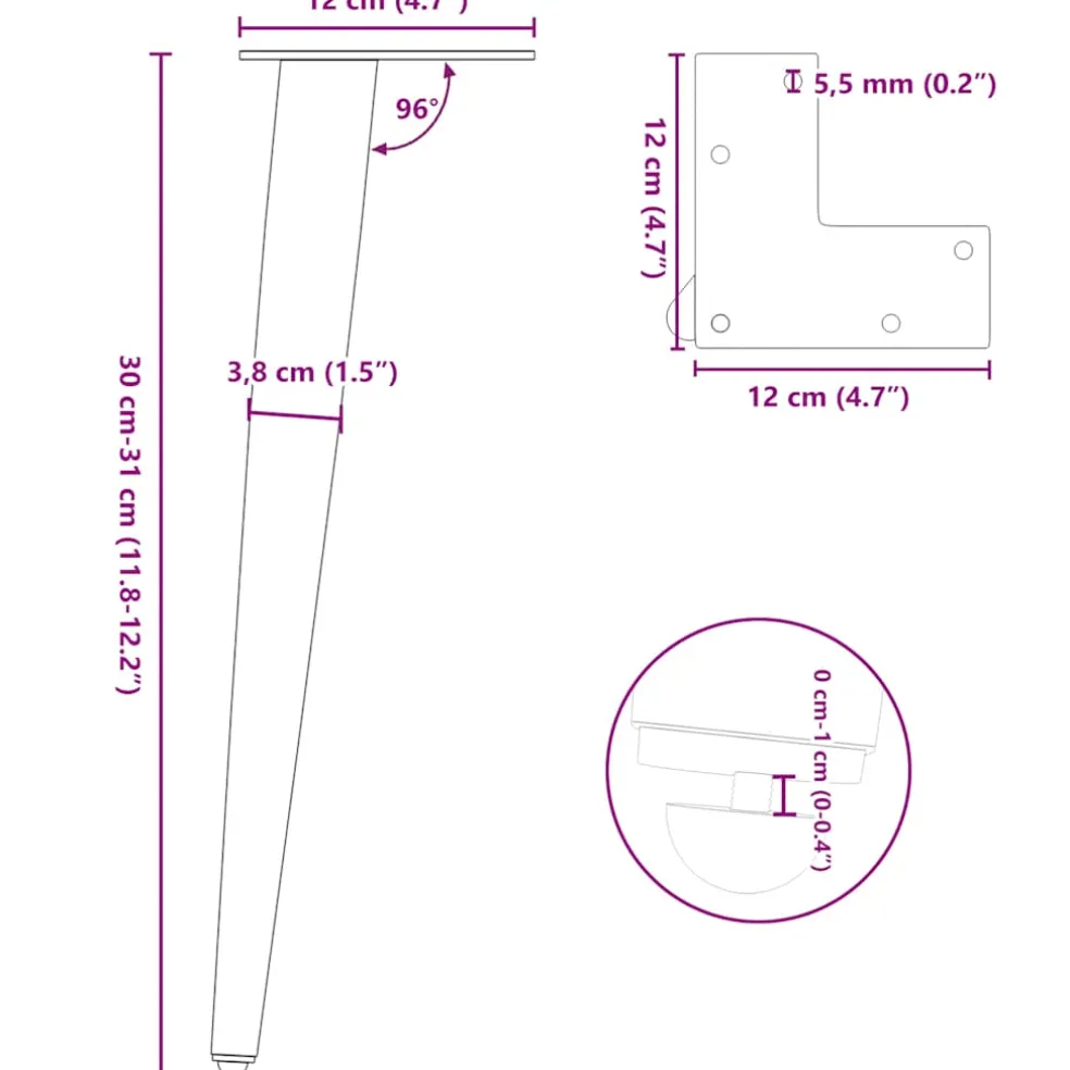 vidaXL Salontafelpoten conische vorm 4 st 30-31 cm staal wit